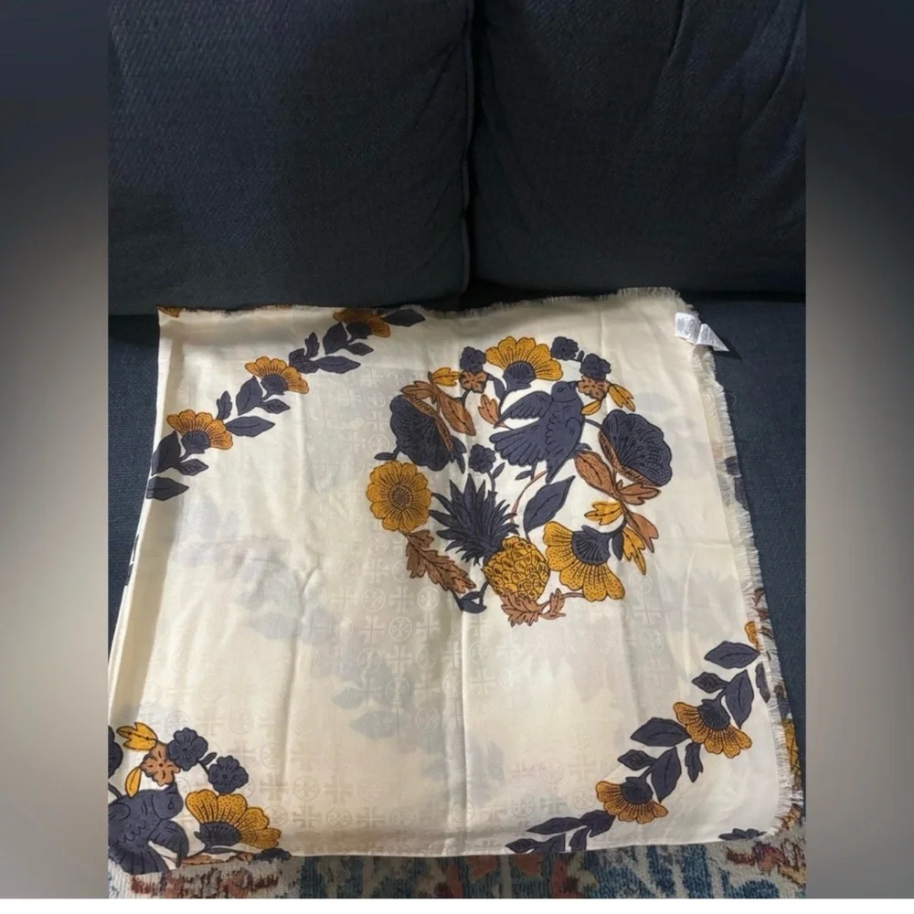 Tory Burch Cream Floral Scarf with Mustard and Navy Blooms - Picture 4 of 5